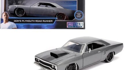 Dom's Plymouth Road Runner: Gray Metallic Muscle Car with Black Hood Stripe