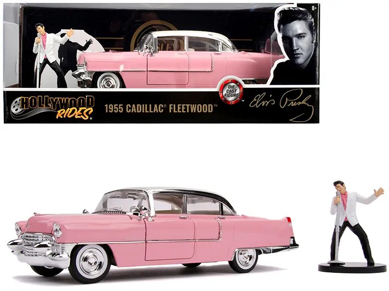 1955 Cadillac Fleetwood Series 60 Pink with Elvis Presley Diecast Figurine “Hollywood Rides” Series 1/24 Diecast Model Car by Jada