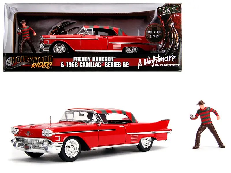 1958 Cadillac Series 62 Red with Freddy Krueger Diecast Figurine “A Nightmare on Elm Street” Movie 1/24 Diecast Model Car by Jada