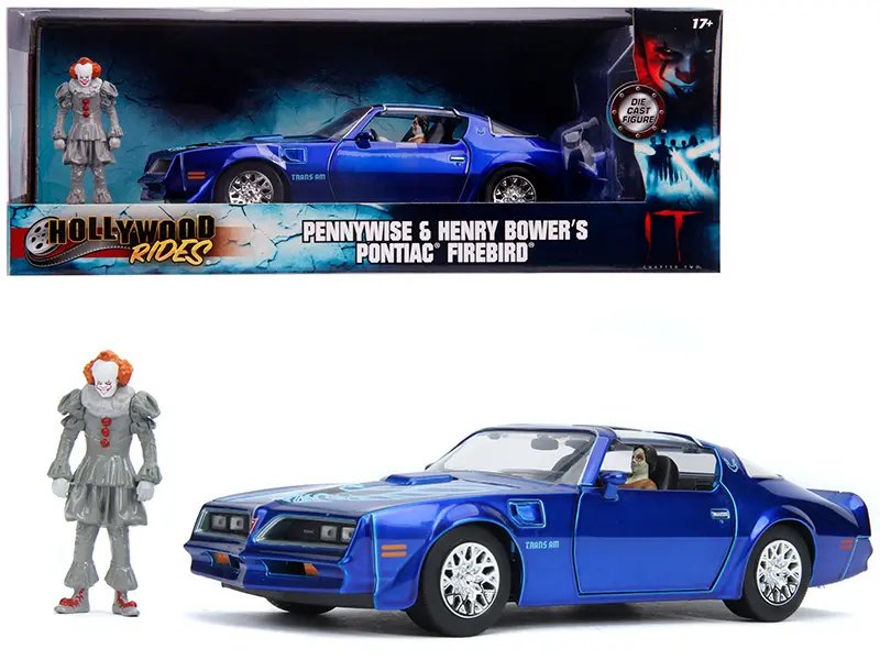 Henry Bower’s Candy Blue Pontiac Firebird Trans Am with Pennywise Figurine – 1/24 Diecast Model by Jada