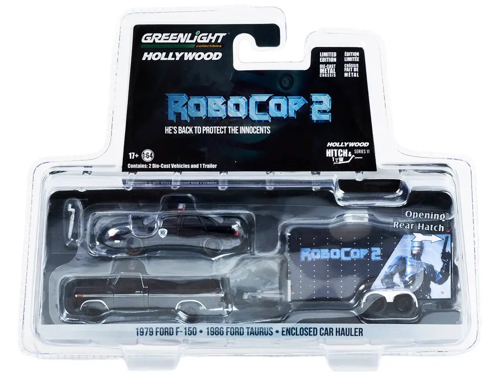 1979 Ford F-150 & 1986 Ford Taurus Police Car Set with Enclosed Hauler – RoboCop 2 Movie Collectible