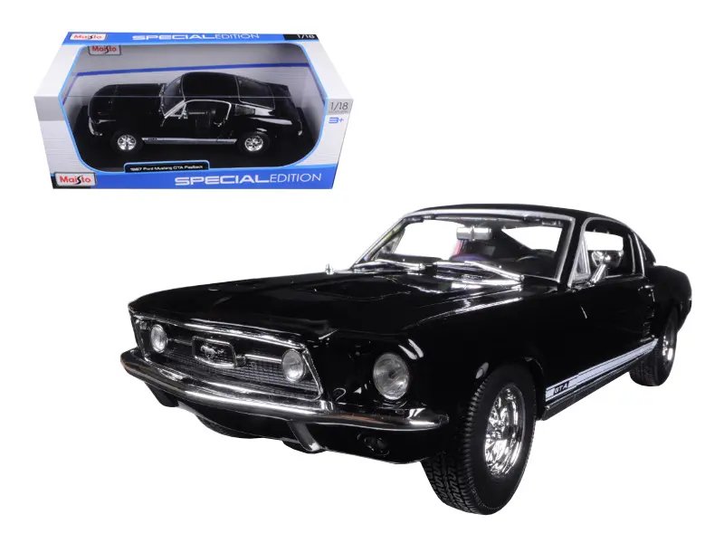 1967 Ford Mustang GTA Fastback Black Special Edition 1/18 Diecast Model by Maisto – Detailed Collectible with Steerable Wheels and Opening Features