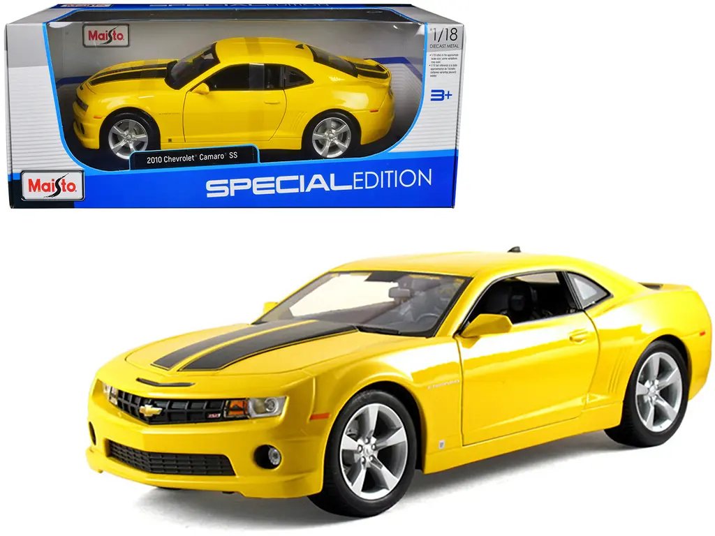 2010 Chevrolet Camaro SS RS Yellow with Black Stripes 1/18 Diecast Model by Maisto – Detailed Diecast Car with Opening Features