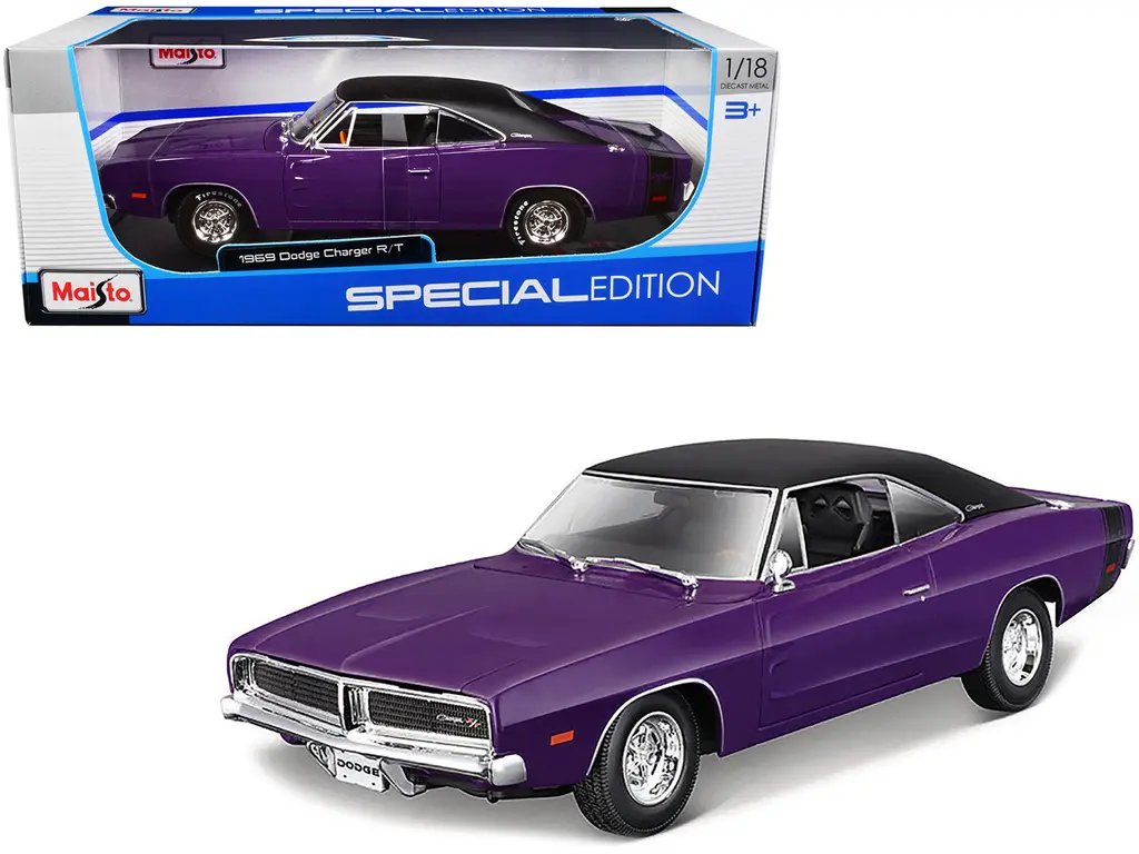 1969 Dodge Charger R/T Special Edition 1:18 Diecast Model Car by Maisto – Purple with Matte Black Top & Tail Stripe