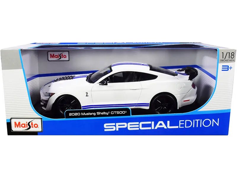 Buy 2020 Ford Mustang Shelby GT500 Special Edition 1/18 Diecast Model by Maisto – White with Blue Stripes