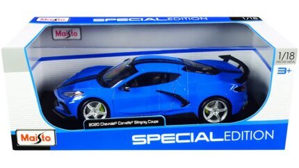 2020 Chevrolet Corvette Stingray C8 Coupe 1/18 Diecast Model by Maisto - Blue with Black Stripes & High Wing