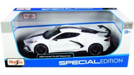 2020 Chevrolet Corvette Stingray C8 Coupe 1/18 Diecast Model by Maisto - High Wing White with Black Stripes