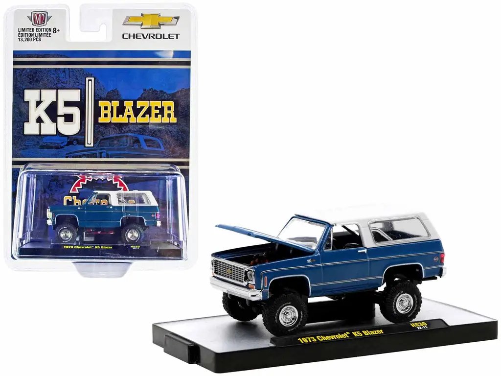 Limited Edition 1973 Chevrolet K5 Blazer 1/64 Diecast Model – Blue & White by M2 Machines