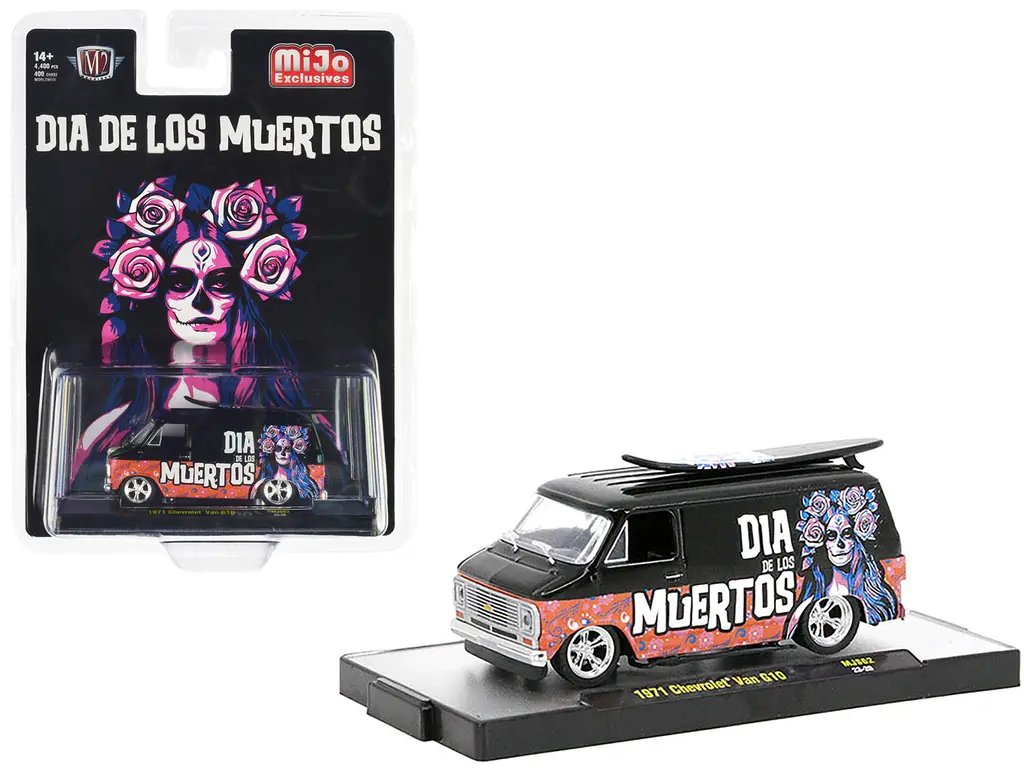 Diecast Model Cars wholesale toys dropshipper drop shipping 1971 Chevrolet C10 Van Black with Graphics Dia De Los Muertos With Surfboard on Roof Limited Edition to 4400 pieces Worldwide 1/64 M2 Machines 31500-MJS62 drop shipping wholesale drop ship d Limited Edition 1971 Chevrolet C10 Van "Dia De Los Muertos" 1/64 Diecast Model with Surfboard by M2 Machines