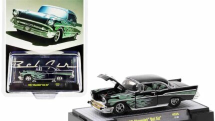 1957 Chevrolet Bel Air Black Metallic Green Flames 1/64 Diecast Model Car - Limited Edition by M2 Machines