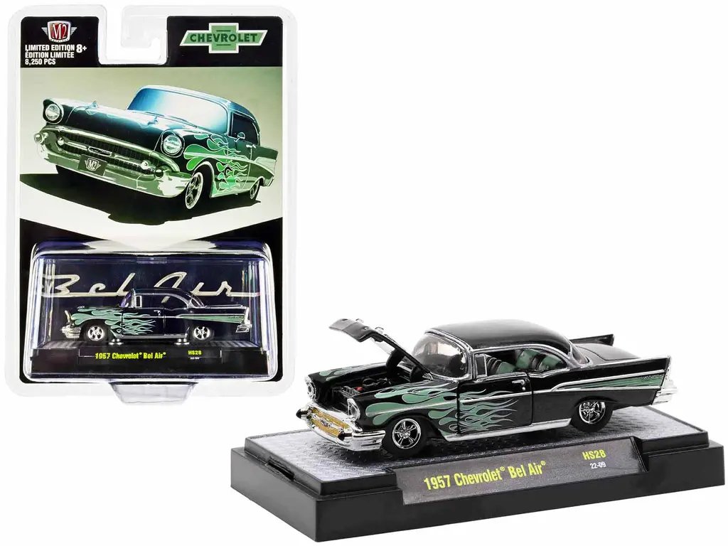 1957 Chevrolet Bel Air Black Metallic Green Flames 1/64 Diecast Model Car – Limited Edition by M2 Machines