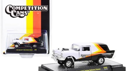 1957 Chevrolet Sedan Delivery Gasser "Competition Cams" White and Black with Yellow and Orange Stripes Limited Edition to 7480 pieces Worldwide 1/64 Diecast Model Car by M2 Machines