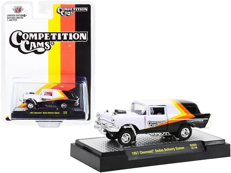1957 Chevrolet Sedan Delivery Gasser “Competition Cams” White and Black with Yellow and Orange Stripes Limited Edition to 7480 pieces Worldwide 1/64 Diecast Model Car by M2 Machines