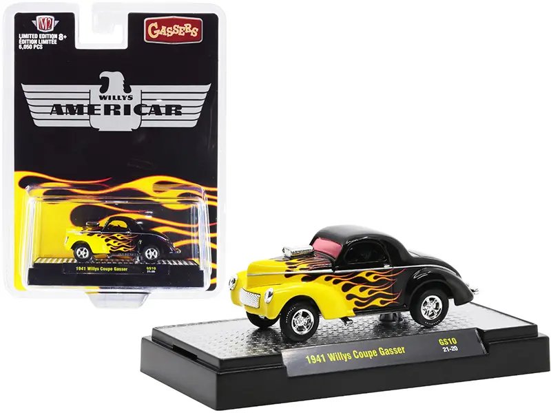 Limited Edition 1941 Willys Coupe Gasser Diecast Model – Black with Yellow Flames by M2 Machines