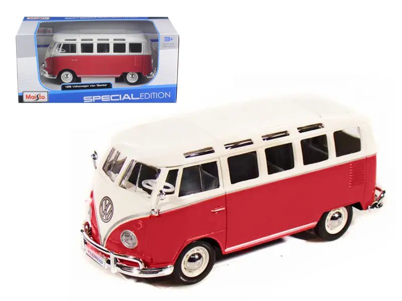 Vintage Volkswagen Samba Bus 1/25 Diecast Model by Maisto – Red & White Classic