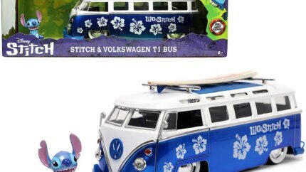 Volkswagen T1 Bus Candy Blue & White Diecast with Stitch Figurine and Surfboard - Lilo Collectible