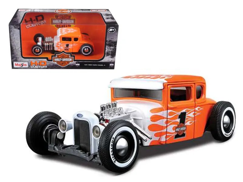 1929 Ford Model A Diecast: Harley Davidson Orange with Flames by Maisto 1/24