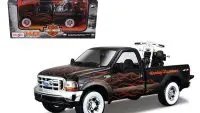 1999 Ford F-350 Super Duty Pickup Black with Flames 1/27 & 2002 Harley Davidson FLSTB Motorcycle Night Train 1/24 Diecast Models by Maisto