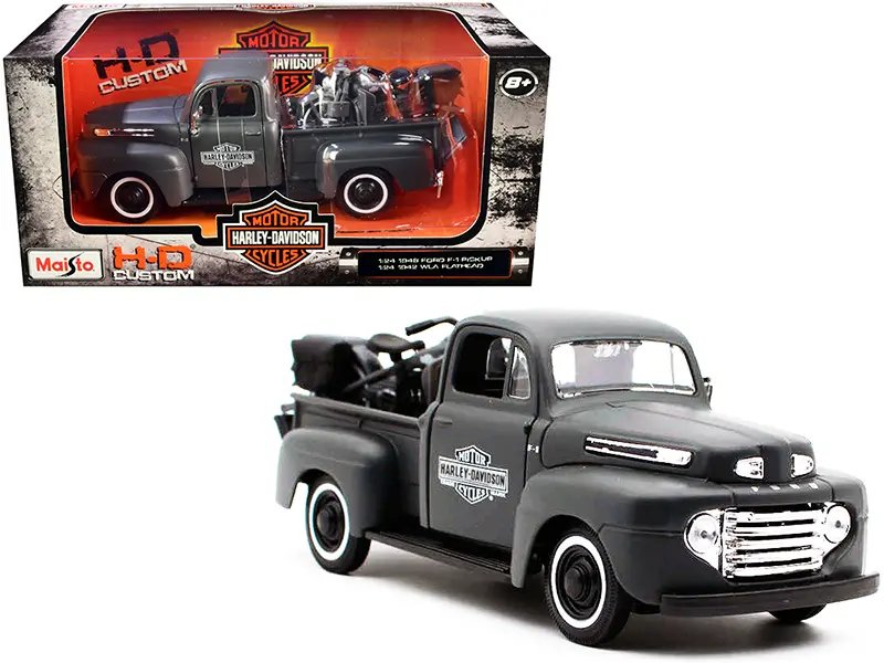 1948 Ford F-1 Pickup Truck and 1942 Harley-Davidson WLA Flathead Motorcycle Matt Dark Gray “Harley-Davidson Custom” 1/24 Diecast Models by Maisto