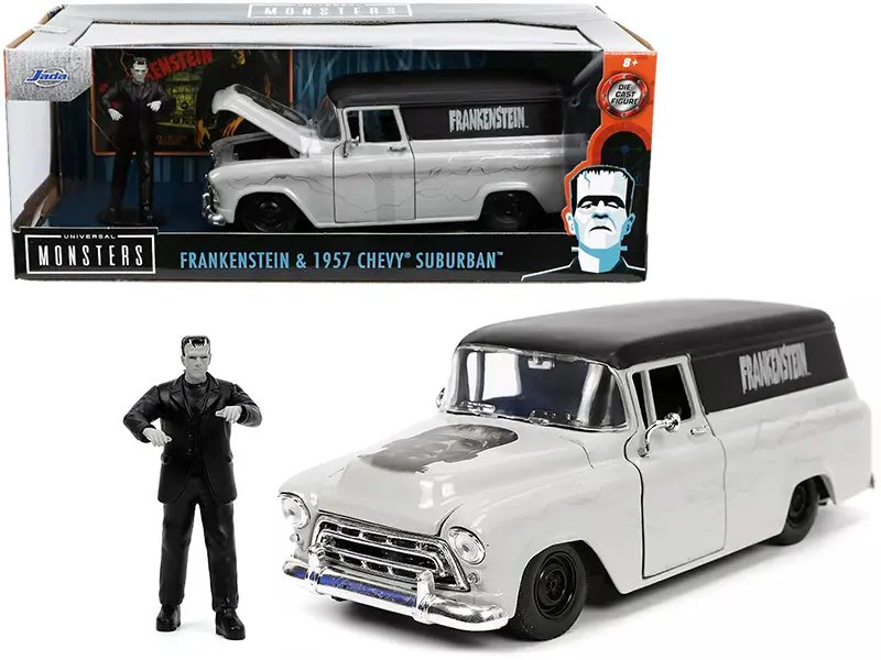 1957 Chevrolet Suburban Gray and Black with Graphics and Frankenstein Diecast Figurine “Universal Monsters” “Hollywood Rides” Series 1/24 Diecast Model Car by Jada