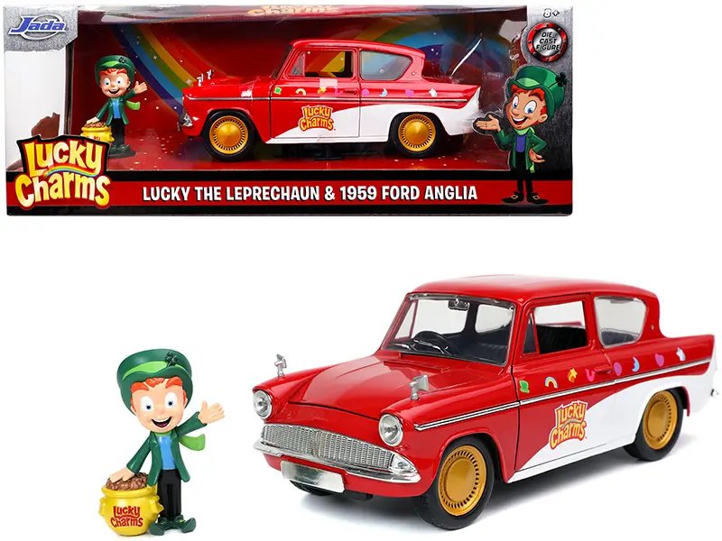 1959 Ford Anglia Red & White with Lucky Charms Leprechaun 1/24 Diecast Model by Jada
