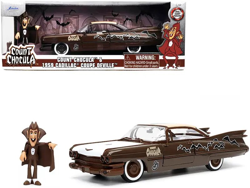 1959 Cadillac Coupe DeVille Brown and White with Graphics and Count Chocula Diecast Figurine “Hollywood Rides” Series 1/24 Diecast Model Car by Jada