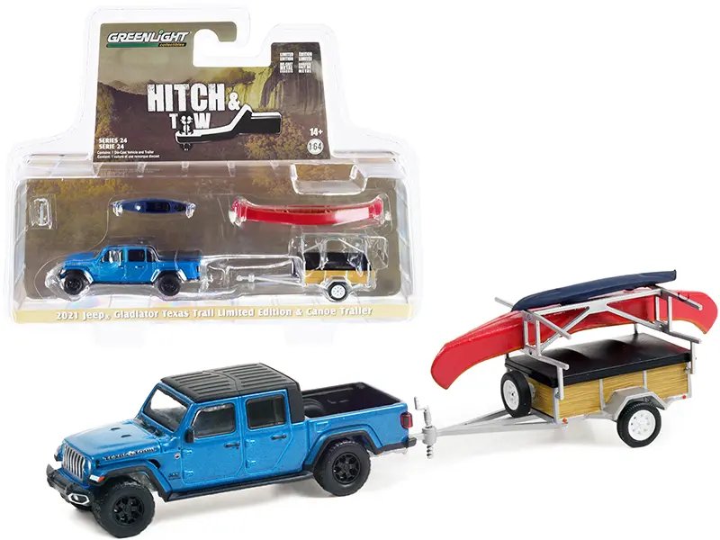 Diecast Model Cars wholesale toys dropshipper drop shipping 2021 Jeep Gladiator Texas Trail Limited Edition Pickup Truck Hydro Blue Pearl Black Top Canoe Trailer Canoe Rack Canoe Kayak Hitch & Tow Series 24 1/64 Greenlight 32240 C drop shipping whole 2021 Jeep Gladiator Texas Trail Hydro Blue Pickup with Canoe Trailer & Kayak Hitch