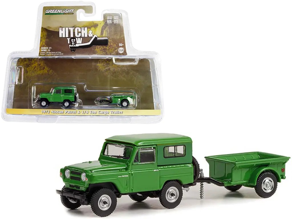 1972 Nissan Patrol Green with 1/4 Ton Cargo Trailer “Hitch & Tow” Series 25 1/64 Diecast Model Car by Greenlight