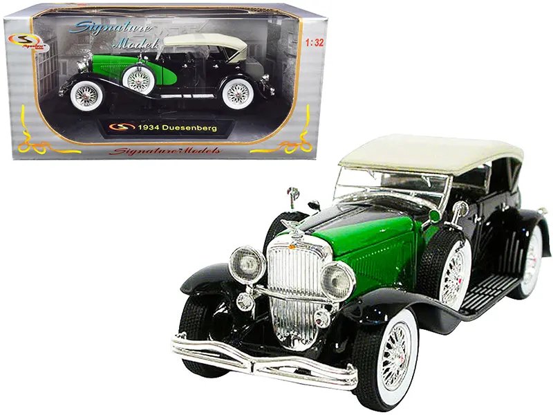 1934 Duesenberg Diecast Model Car 1/32 by Signature Models – Black & Green Collectible