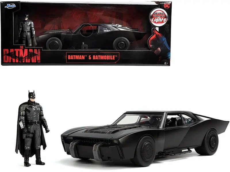 1/18 Batmobile Matte Black Diecast Model with Lights & Batman Figurine – The Batman (2022) by Jada
