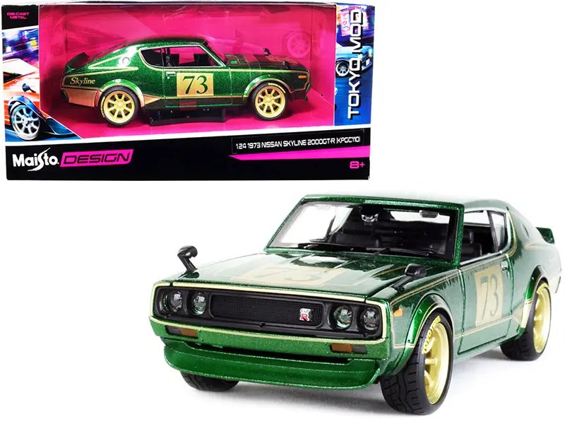 1973 Nissan Skyline 2000GT-R (KPGC110) #73 Green Metallic with Gold Stripes “Tokyo Mod” Series 1/24 Diecast Model Car by Maisto