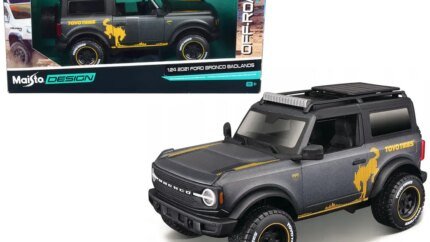 2021 Ford Bronco Badlands Dark Gray Metallic 1/24 Diecast Model Car by Maisto Design - Off-Road Edition with Gold Graphics and Roof Rack