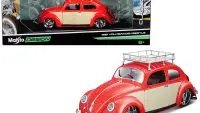 1951 Volkswagen Beetle Diecast Model 1/18 by Maisto - Classic Muscle Orange Red with Roof Rack