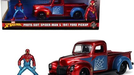 1941 Ford Pickup Truck Candy Red and Blue and Proto-Suit Spider-Man Diecast Figurine "Marvel" Series "Hollywood Rides" Series 1/32 Diecast Model Car by Jada