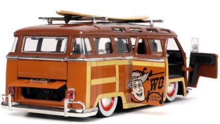 Volkswagen T1 Bus Brown with Graphics "Sheriff Woody" and Woody Diecast Figure and Surfboard "Toy Story" (1995) Movie "Hollywood Rides" Series 1/24 Diecast Model Car by Jada