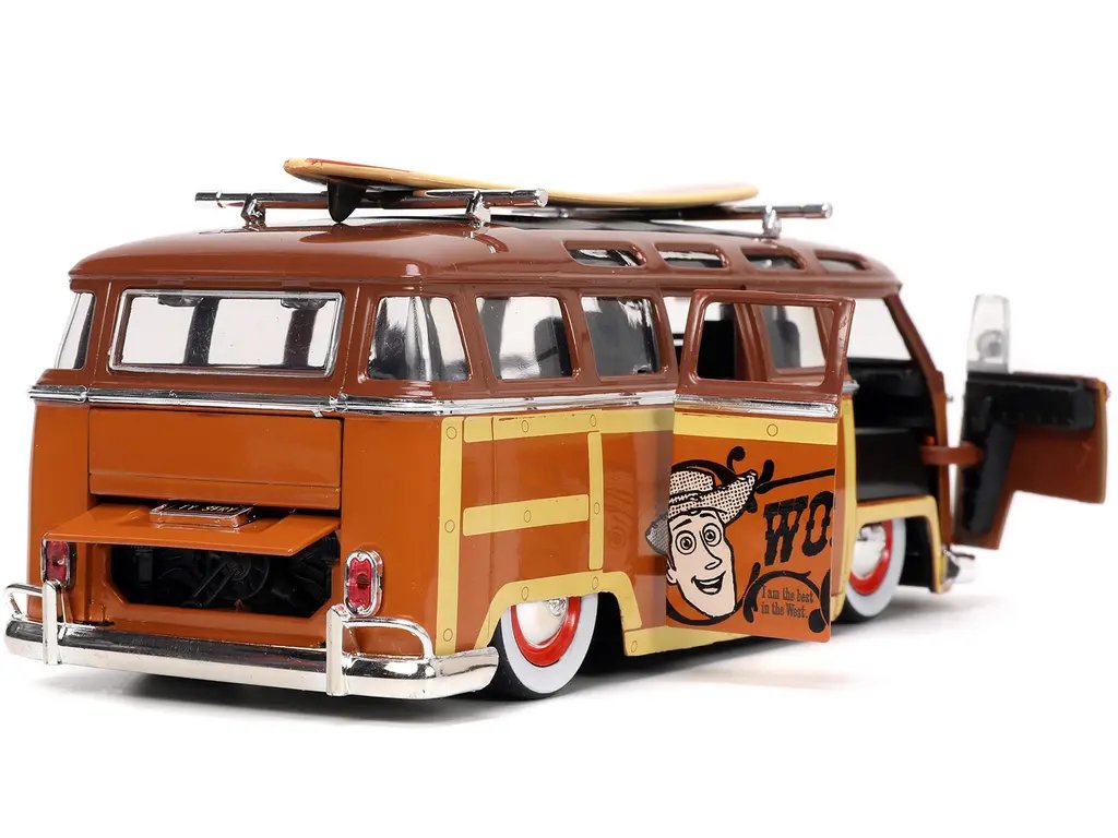 Volkswagen T1 Bus Brown with Graphics “Sheriff Woody” and Woody Diecast Figure and Surfboard “Toy Story” (1995) Movie “Hollywood Rides” Series 1/24 Diecast Model Car by Jada