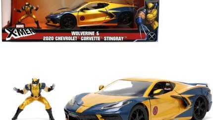 2020 Chevrolet Corvette C8 Stingray Gold & Blue with Wolverine Diecast Figurine - Marvel X-Men Hollywood Rides 1/24 by Jada