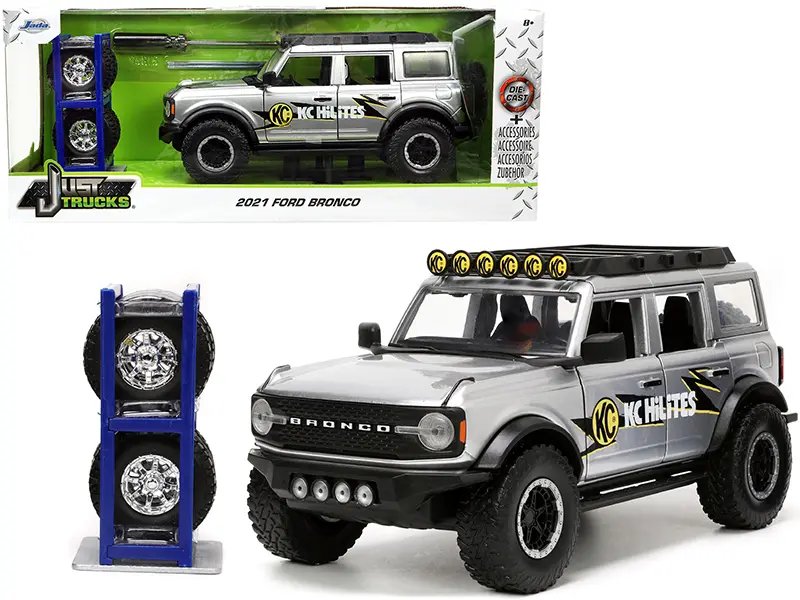 2021 Ford Bronco Gray Metallic KC HiLiTES 1/24 Diecast Model Car by Jada with Extra Wheels
