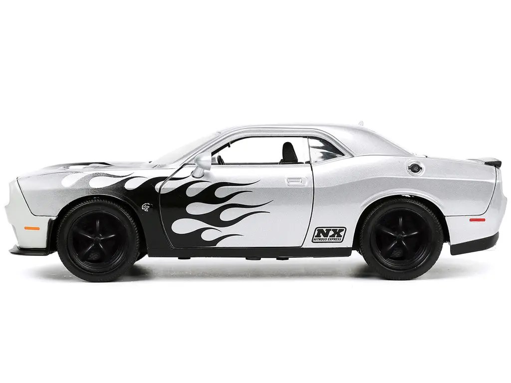 2015 Dodge Challenger SRT Hellcat Diecast Model Car 1/24 Silver Metallic Flames by Jada