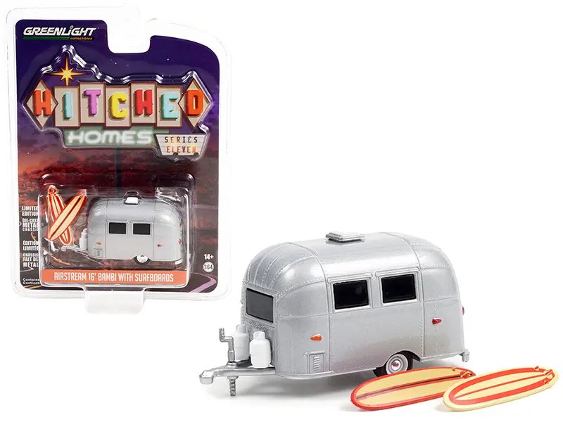 Airstream 16′ Bambi Travel Trailer Diecast Model w/ Surfboards – Greenlight 1:64