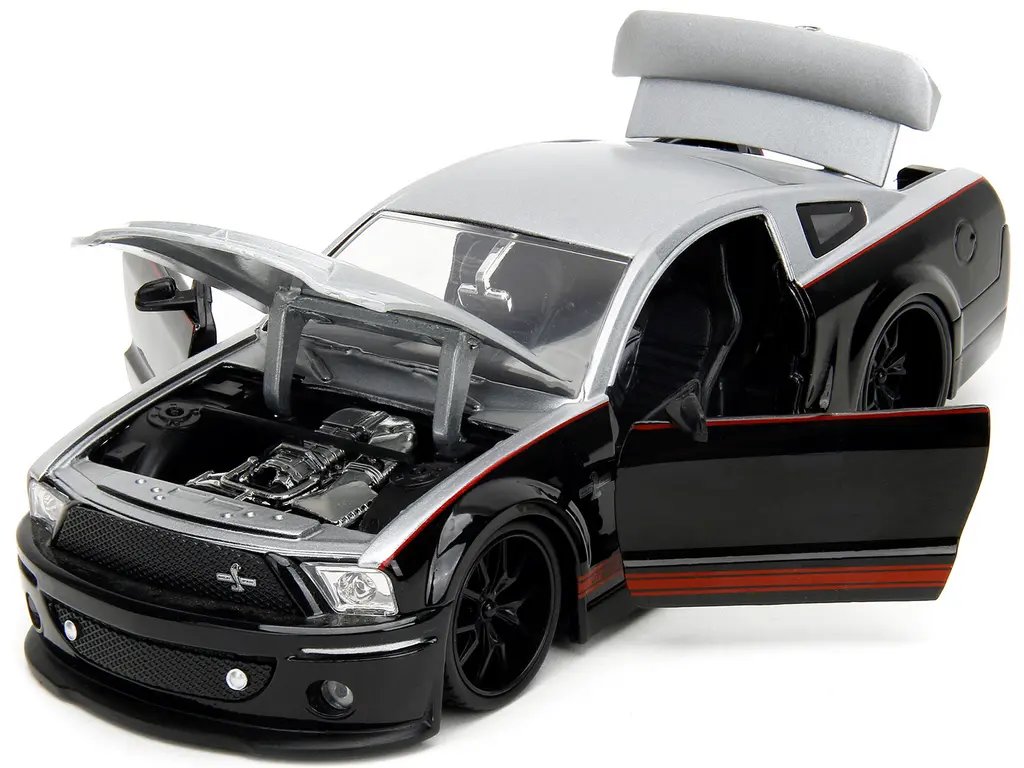 2008 Ford Shelby Mustang GT-500KR Diecast Model - Silver & Black with Red Stripes by Jada 2 2008 Ford Shelby Mustang GT-500KR Diecast Model - Silver & Black with Red Stripes by Jada - Image 2