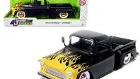 1955 Chevrolet Stepside Pickup Truck Diecast Model - Matt Black with Yellow Flames by Jada