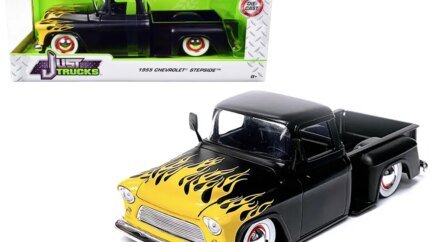 1955 Chevrolet Stepside Pickup Truck Diecast Model - Matt Black with Yellow Flames by Jada