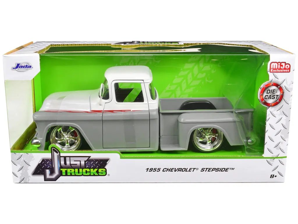 1955 Chevrolet Stepside Pickup Truck Diecast Model – Matt Gray & White Flames, 1/24 Scale by Jada