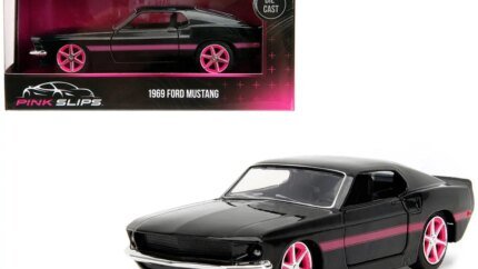 1969 Ford Mustang Black Metallic with Pink Stripes and Wheels "Pink Slips" Series 1/32 Diecast Model Car by Jada