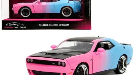 2015 Dodge Challenger SRT Hellcat Pink Slips Series 1/24 Diecast Model Car by Jada - Pink and Blue Gradient with Matt Black Hood