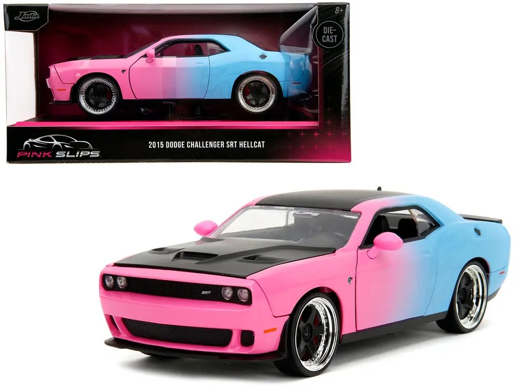 Diecast Model Cars wholesale toys dropshipper drop shipping 2015 Dodge Challenger SRT Hellcat Pink and Blue Gradient with Matt Black Hood and Top Pink Slips Series 1/24 Jada 35064 drop shipping wholesale drop ship drop shipper dropship dropshipping t 2015 Dodge Challenger SRT Hellcat Pink Slips Series 1/24 Diecast Model Car by Jada - Pink and Blue Gradient with Matt Black Hood