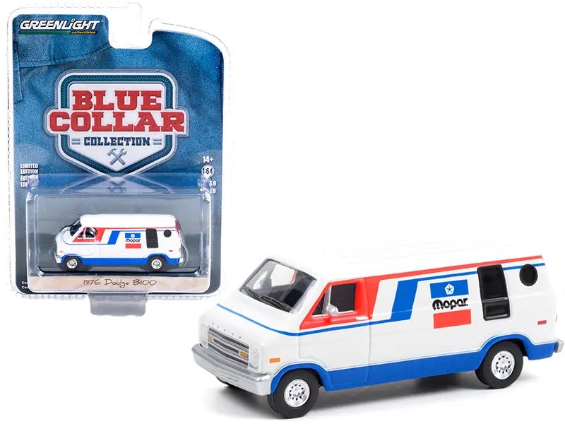 1976 Dodge B100 Van “Mopar” White with Red and Blue Stripes “Blue Collar Collection” Series 9 1/64 Diecast Model Car by Greenlight