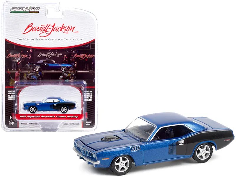 1970 Plymouth Barracuda Custom Diecast Model – Blue Metallic & Black, Barrett Jackson Edition by Greenlight