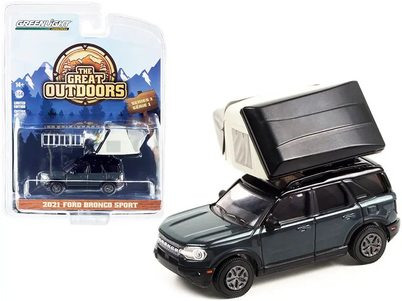 2021 Ford Bronco Sport Dark Gray and Black with Modern Rooftop Tent “The Great Outdoors” Series 1 1/64 Diecast Model Car by Greenlight